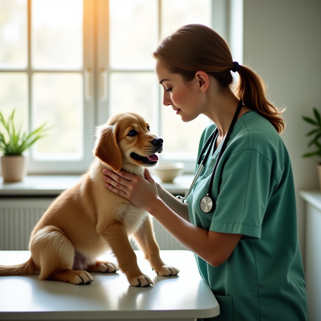 Veterinaria examinando a un cachorro durante una consulta